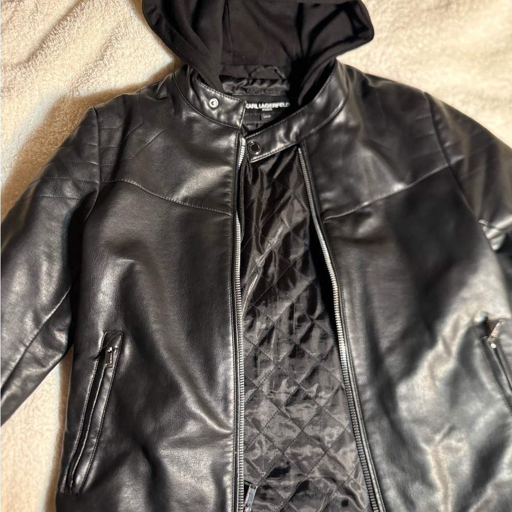 Karl Lagerfeld Black Leather Hooded Jacket